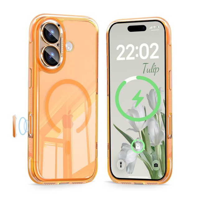 DAMESINE iPhone 17用ケース クリアオレンジ MagSafe対応 薄い軽量 四隅エアバック内蔵耐衝撃 黄変防止 マグネット搭載リング ワイヤレス高速充電 着脱可能カメラカバーキラキラ カメラコントロールボタン付き オシャレアイフォン17ケース クリアオレンジ