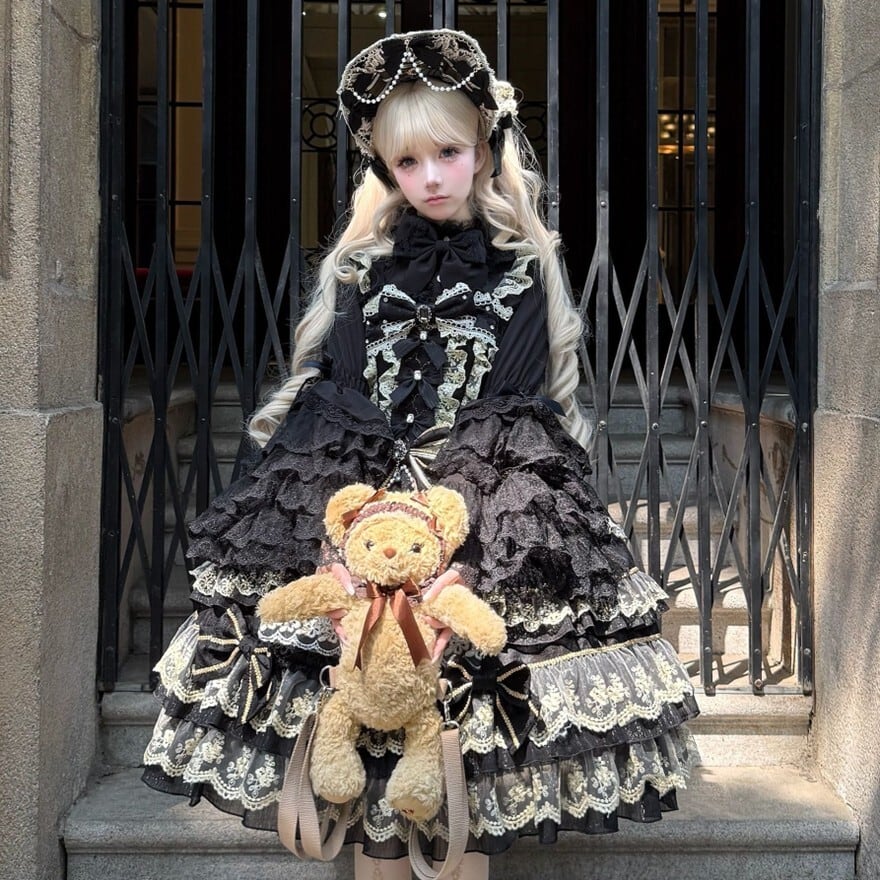 中華ゴスロリ ロリィタドレス セットアップ バックリボン レース フリル