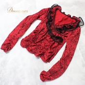 社交ダンス 衣装 スタンダード トップス レッスンウェア レディース ブラック系 レッド系 黒 赤 長袖 バイカラー 練習着 華やか 上品 競技用 練習用 ダンスウェア 黒赤 柄入り 幾何学模様風 黒系 身体にフィット 伸縮素材 フィット感 動きやすい フォーマル風 エレガント 上半身用 袖あり ボタン デザイン性 装飾 ボックスシルエット风 プリント レース風シルエット風 モダン ダンス服 モダンスタイル