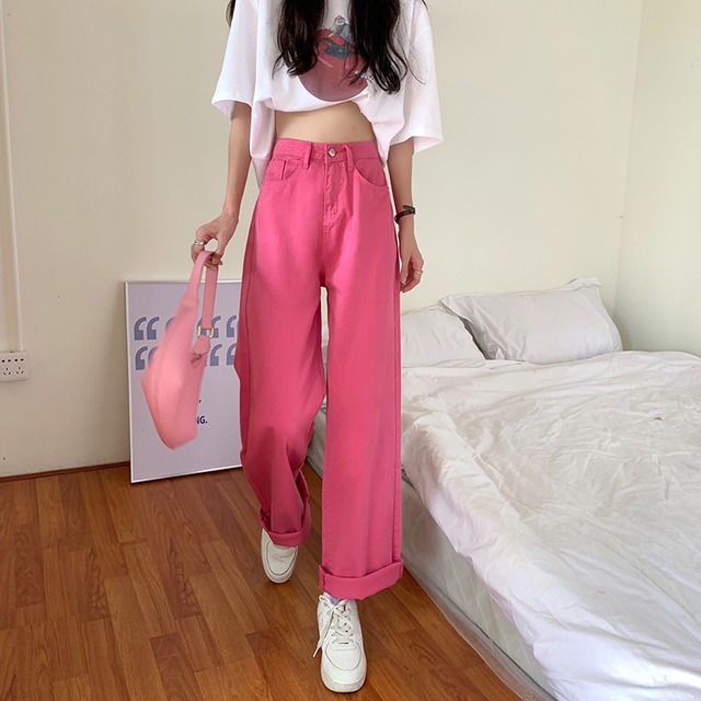 【送料無料】 ハイウエスト ワイドレッグパンツ ボトムス ロング丈 ストレート カラーデニム かわいい 大人可愛い きれいめ シンプル カジュアル 大人 上品 おしゃれ お洒落 かっこいい 大人可愛い 大人女子 こなれ感 ラフ キュート ガーリー ルーズ 個性的 主役級 無地 オールシーズン 10代 20代 30代 40代 レディース ママ 学生 通学 デート お出かけ 女子会 休日 着回し 普段使い 重ね着 韓国系 オルチャン コーデ スタイル モテ 体系カバー 脚長 定番 トレンド 流行 インスタ映え