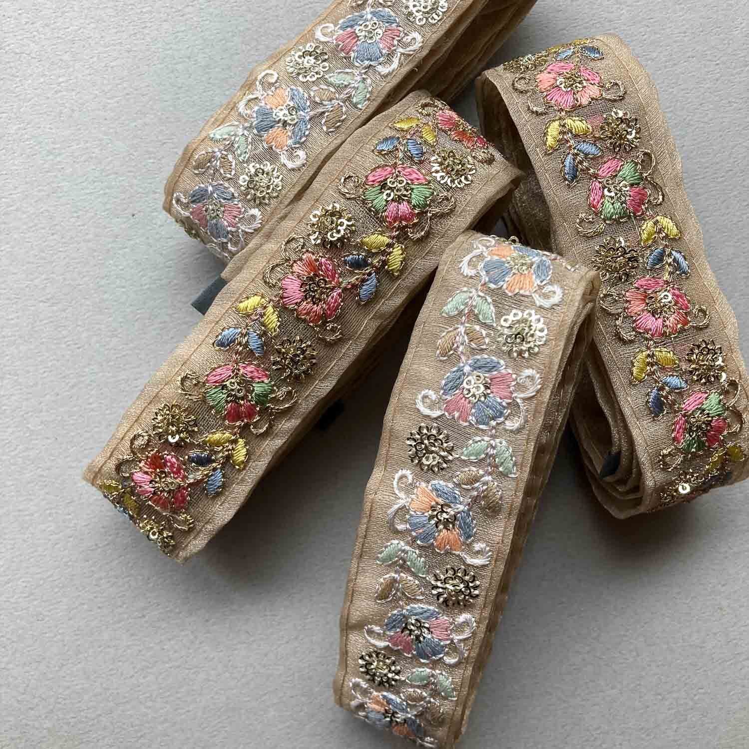 〈再入荷〉3色お花刺繍の細オーガンジーリボン(1mカット)