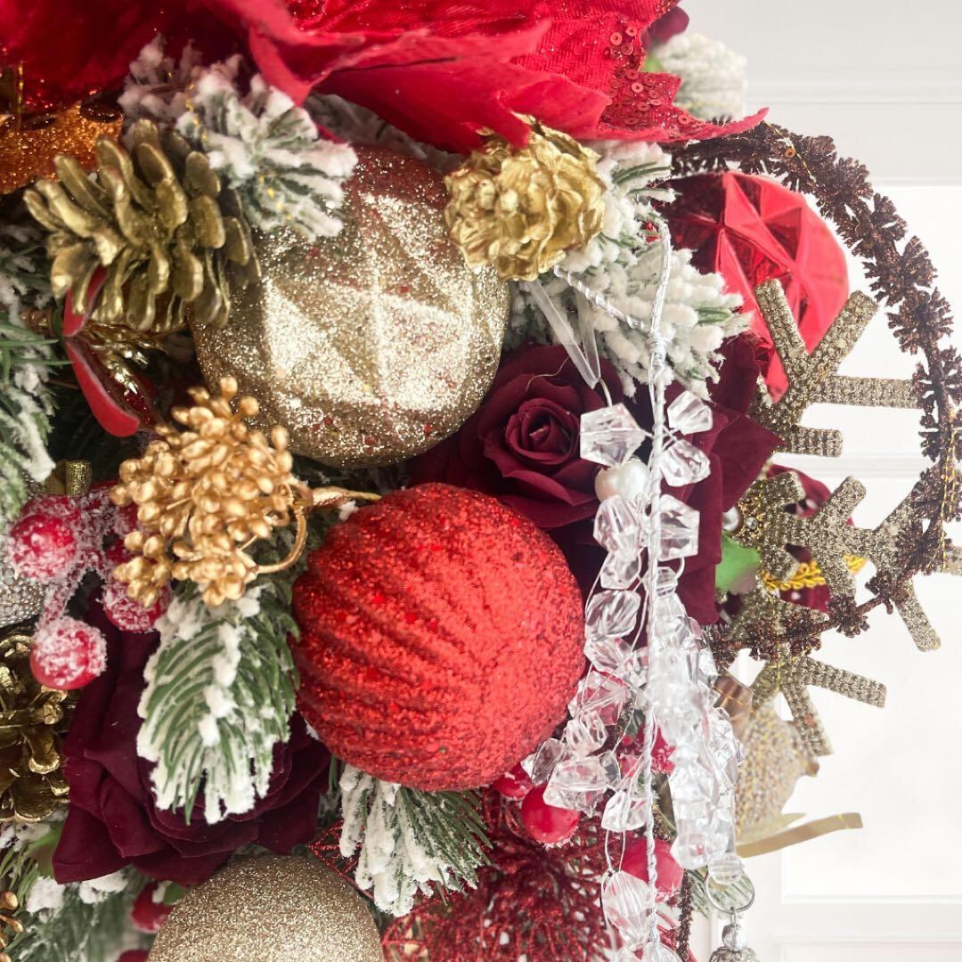 クリスマスレッドローズリース／ボルドー×ゴールドリの高級デザイン
