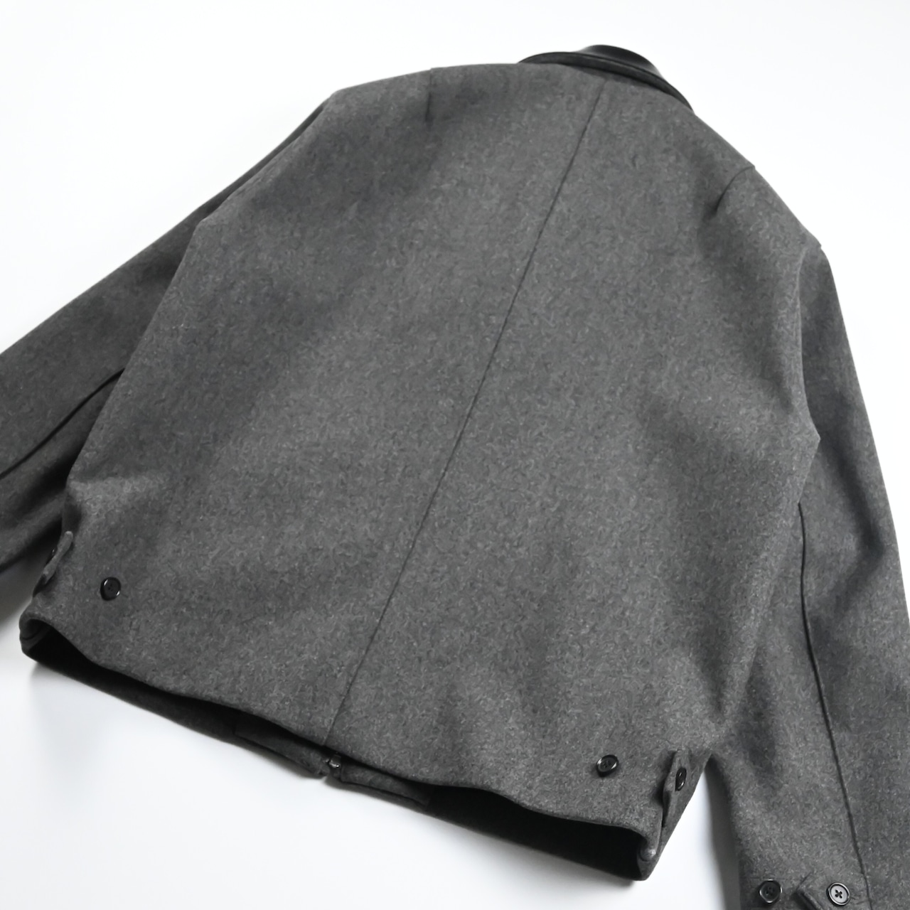 INTERIM / HEAVY MELANGE FELTED VIRGIN WOOL DEADSTOCK LEATHER COLLAR HARRINGTON JACKET