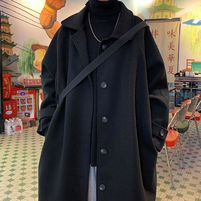 【予約販売】コート メンズ シンプル 無地 シック 綺麗め ゆったり ブラック グレー カーキ ミドル丈 冬コート 防寒 ビジネス 通勤 防寒 お洒落 こなれ感 ベーシック 秋冬 大きいサイズ M/L/XL/2XL