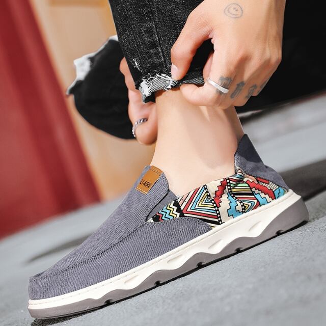 【予約販売】スリッポン メンズ グレー ベージュ ブラック エスニック柄 キャンバスシューズ ストリート 靴 シューズ お洒落 旅行 カジュアル 24.5cm/25cm/25.5cm/26cm/26.5cm/27cm