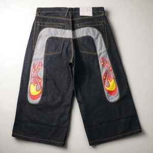 "EVISU Jeans" fire pattern cropped buggy shorts