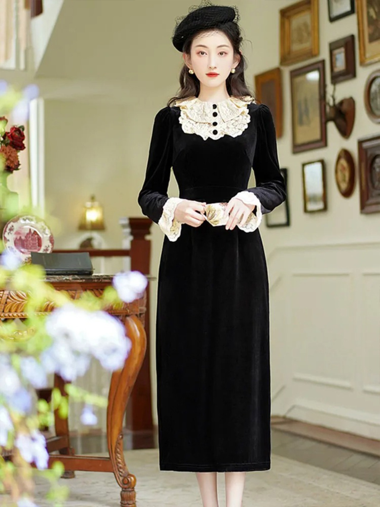 【0128】Lace Ruffle Collar Slim Long Sleeve Dress