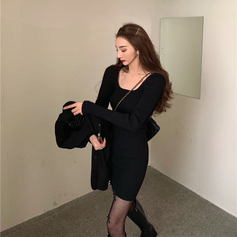 ニットセーター ドレス ブラックスカート スプリングウェスト ロング 春物 スクウェア ブラックストロベリース7716914469