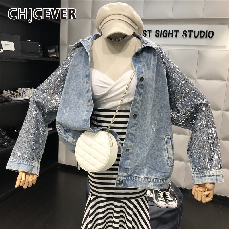 CHICEVERPatcheorkスパンコールデニムジャケットレディースラペルカラー長袖オーバーサイズルーズホールコート2020服 ロング 6base589354805693