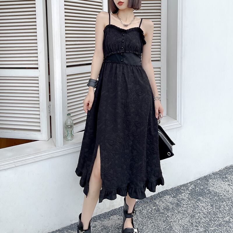 ブラックドレス サマーロングスカート スリットスタンダード レトロ 夏物 ラブタオタオダレンハウス13970773824