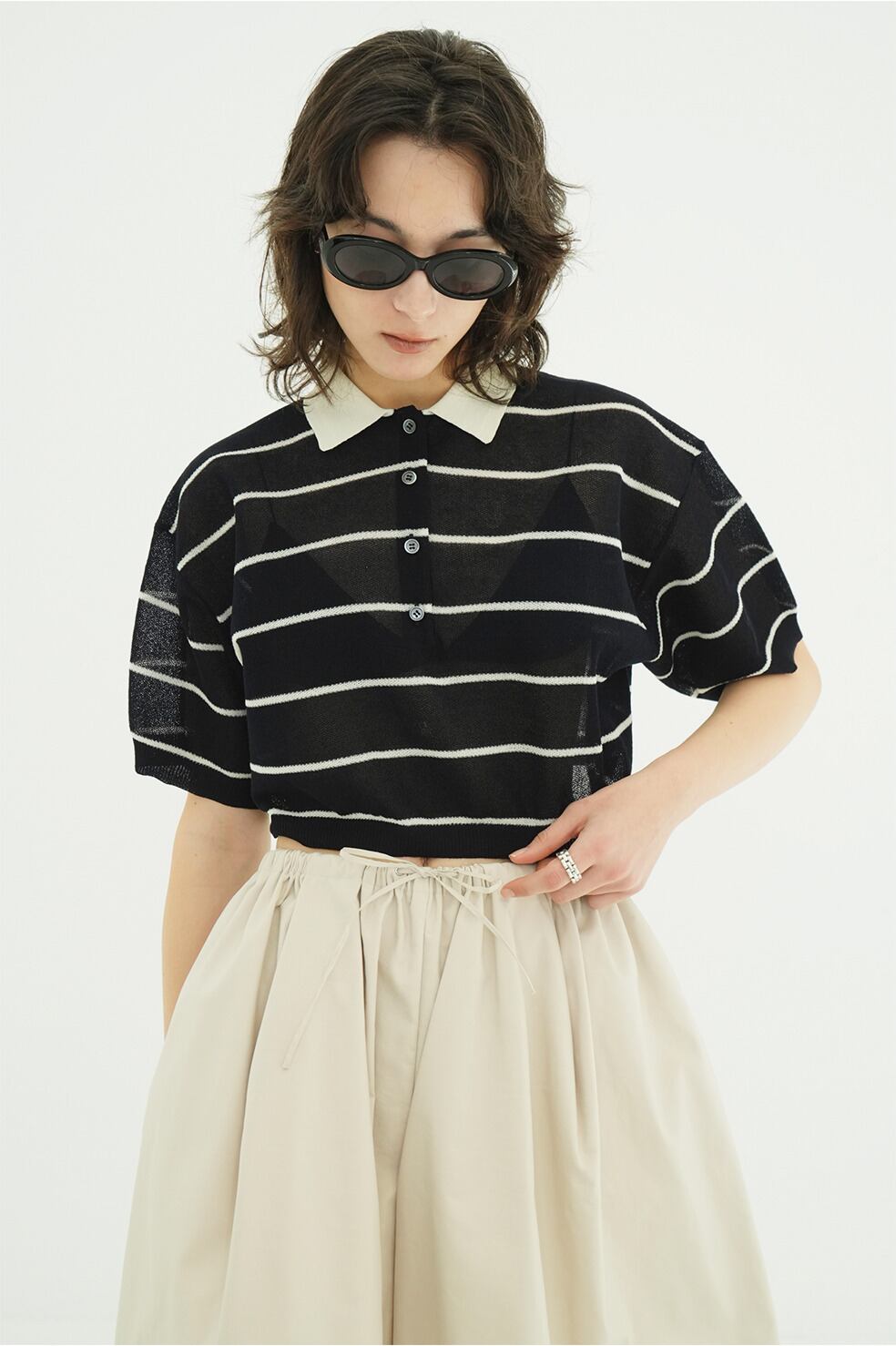 CLANE SPONGY SHEER POLO KNIT TOPS 3色展開 | FLICKA ASHIYA