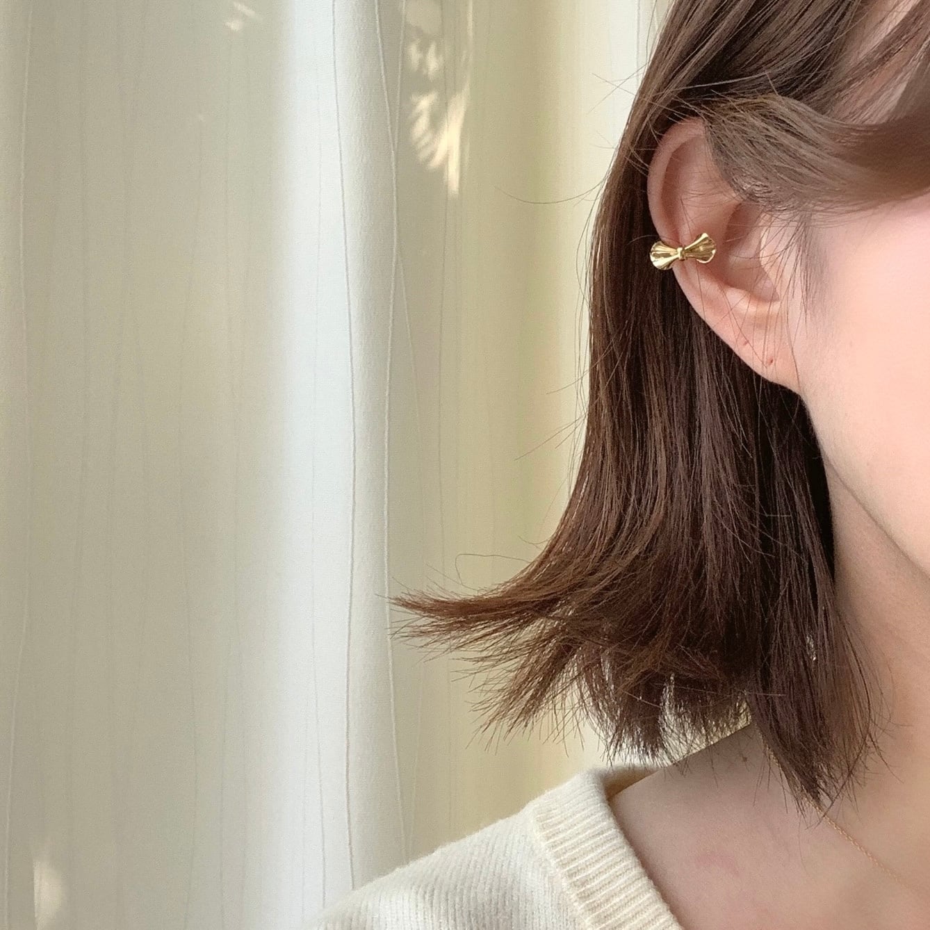 大人かわいいリボンxルビーxピンクオパールイヤーカフセット | MELEE