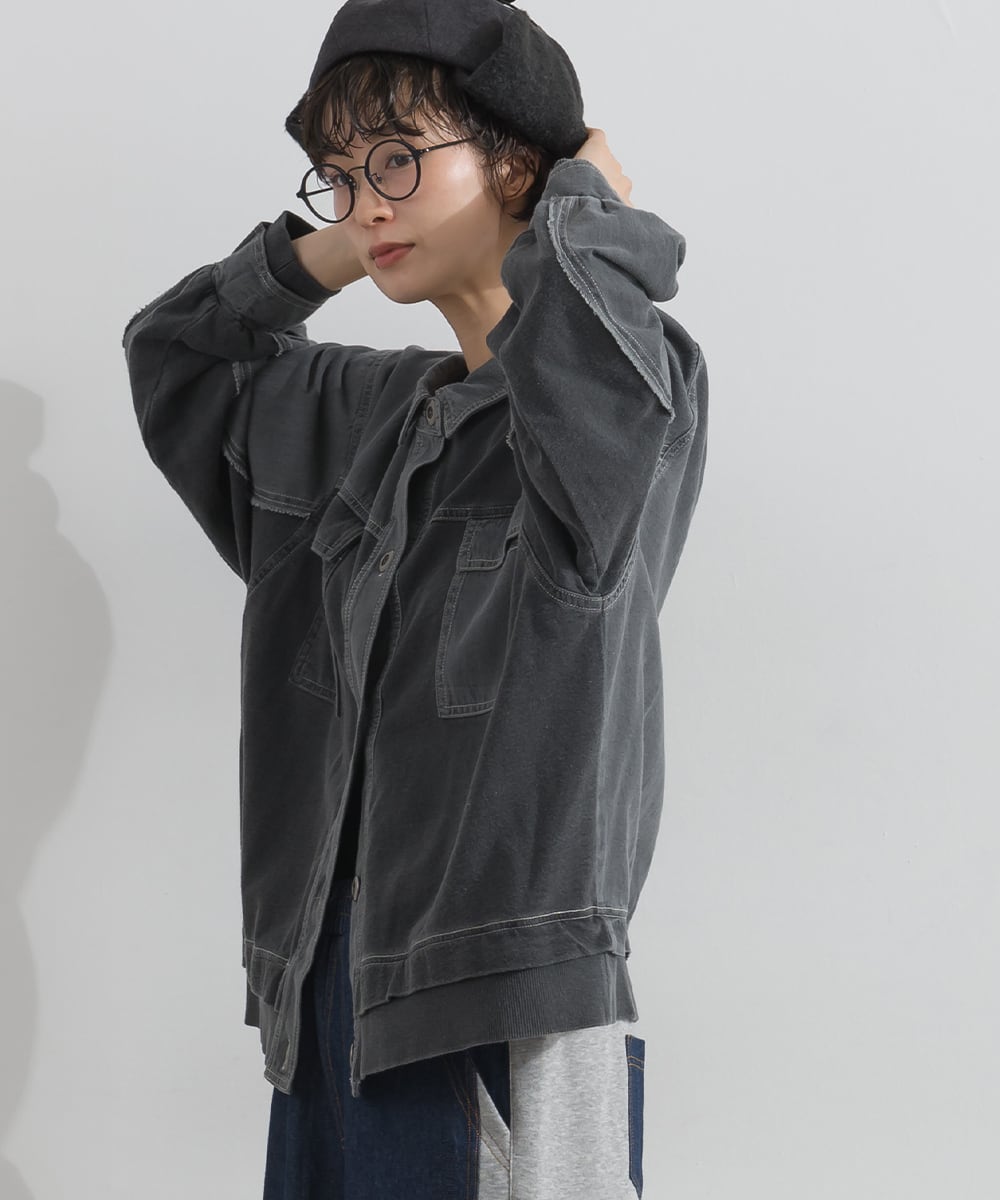 J263053 硫化染め・インディゴ染め 綿裏毛×7ozデニム リメイク風
