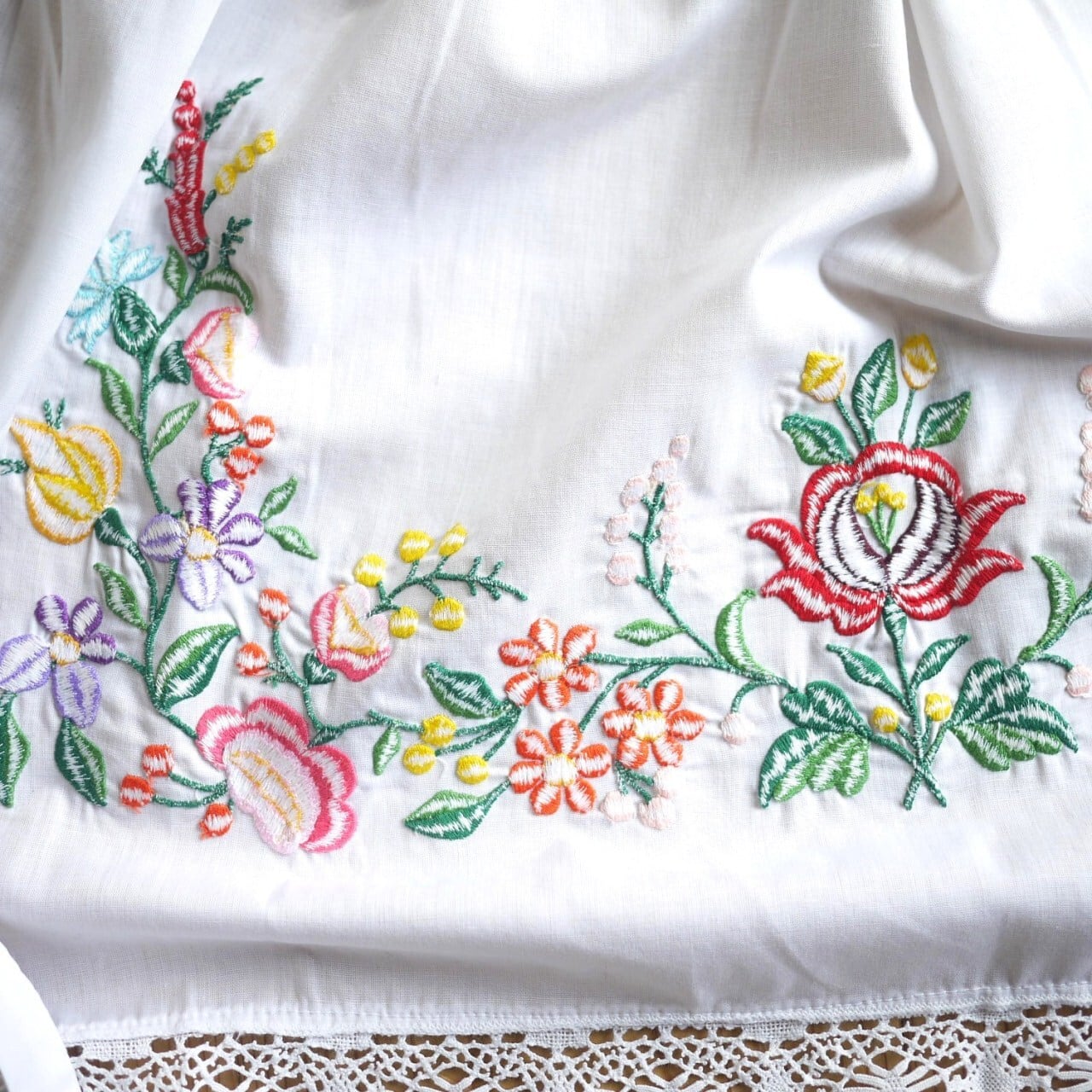 ハンガリー　カロチャ刺繍　エプロン Kalocsa ハンガリー刺繍 レース カロチャ 花柄エプロン ヴィンテージ