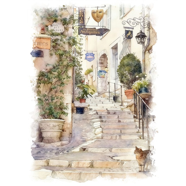 絵画 フランス 風景画(街並み)  プロヴァンス サン・ポール・ド・ヴァンス インテリアアート額付き 水彩画・油絵調 WAT0277