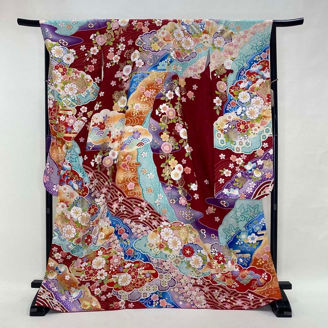 振袖 中古 赤 正絹 古典 裄68cm 身丈172cm 美品 L サイズ 成人式 5079