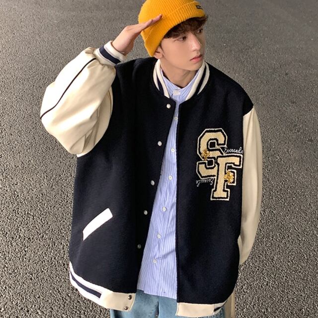 【予約販売】スタジャン ブルゾン アメリカン レザー B系 防寒 刺繡 メンズ アウター カレッジ風 アメカジ ショート丈 オーバーサイズ ブラック カーキ 無地 お洒落 こなれ感 韓国 ベーシック 秋 冬 大きいサイズ M/L/XL