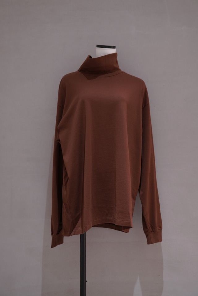 AURALEE LUSTER PLAING HI NECK L/S TEE BROWN