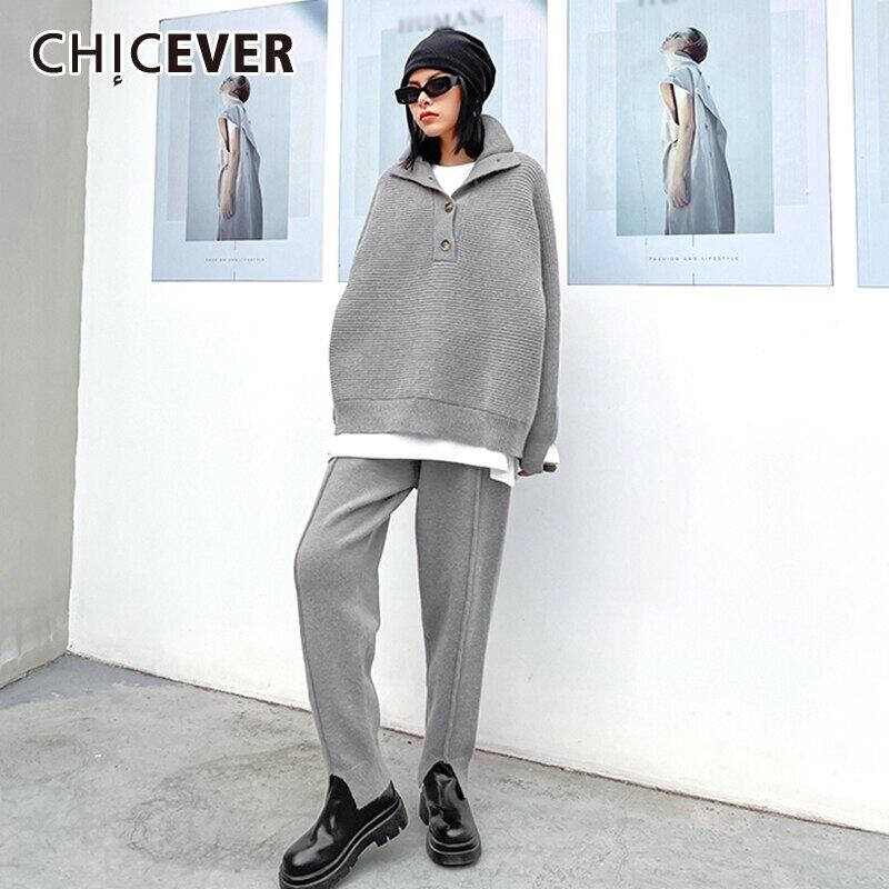CHICEVERツーピースセットレディーススタンドカラー長袖ニットセーターウエストスプリットパンツセット2020 ロング 6base587247802682