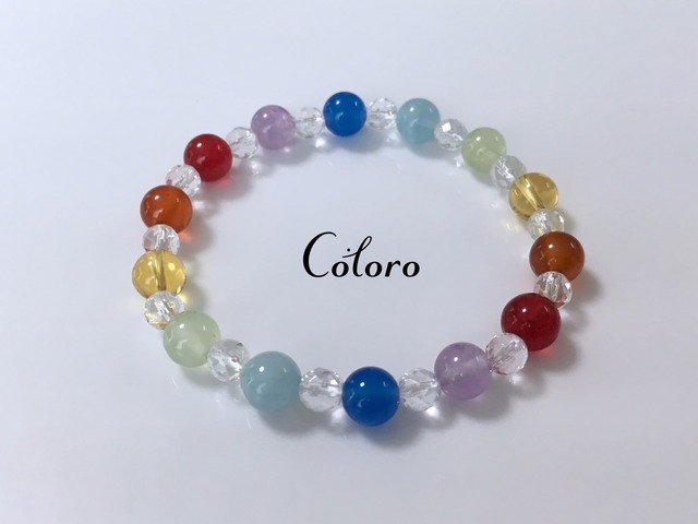 ☆虹色☆七色☆シトリン（熱加工）・カーネリアン・プレナイト・アクアマリン・ブルーカルセドニー・ラベンダーアメジスト☆パワーストーン（天然石）☆ハンドメイド☆ブレスレット☆ハワイ☆レインボー☆七色☆