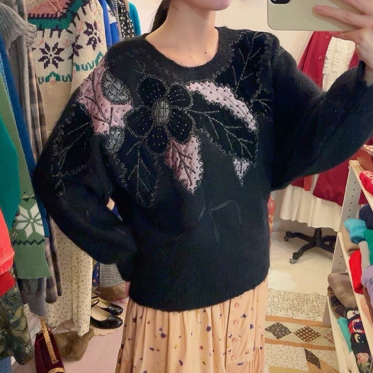 beads flower black dolman sweater