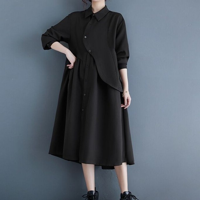 ASYMMETRIC LOOSE LONG SLEEVE MIDI SHIRT DRESS M-18394