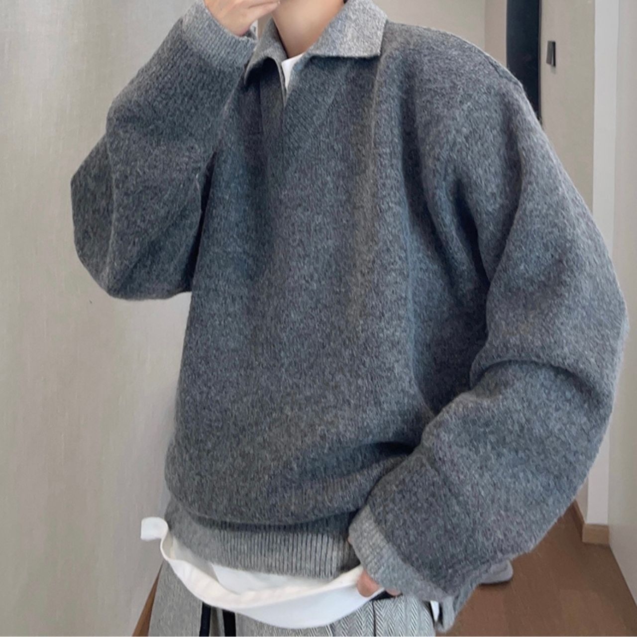 フェイクツーピース V ネックコントラストカラーニット　1041