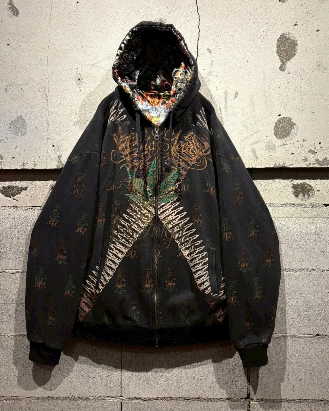 Caka otto】“Christian Audigier” Silk × Sweat Reversible Zip Up