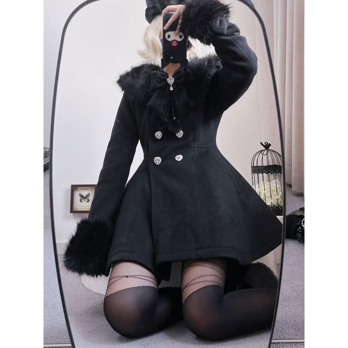 地雷系ダブルブレストファートリムコート | Maiden's Rêve