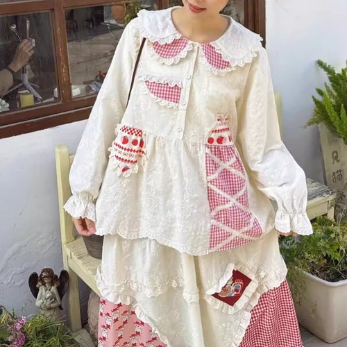 Wレースカラーチェック柄ブラウス ・10288