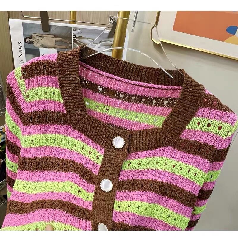 2カラー 】カーディガン ボーダー ストライプ 水色 ピンク 黄色 派手