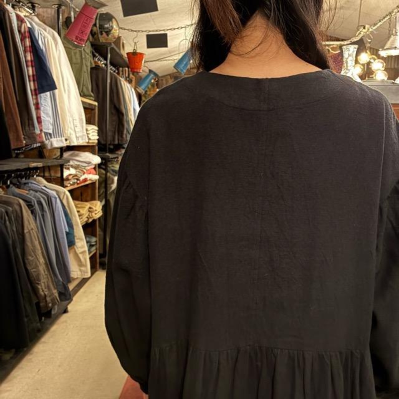UNIVERSAL SEVEN Cotton-Linen Brushed Twill Gown Dress, Black, Long, Made in Japan, Long Jacket, Open-Front, Black