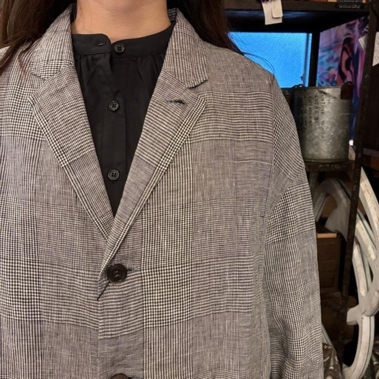TISSU　ティシュ　東炊グレンチェックテーラードジャケット　グレー　リネンジャケット　オーバーサイズ　UNIVERSAL TISSU　ユニバーサルティシュ