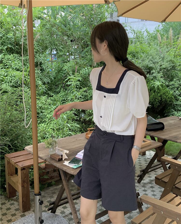 サマースタンダードカラーホワイト半袖スリーブシャツ ルーズウェスト薄手ワイドレッグショーツ ショート レトロ ハーフスリーブ 夏物 ブルマー ワイドパンツ スクウェア クレセントシティ70232502891