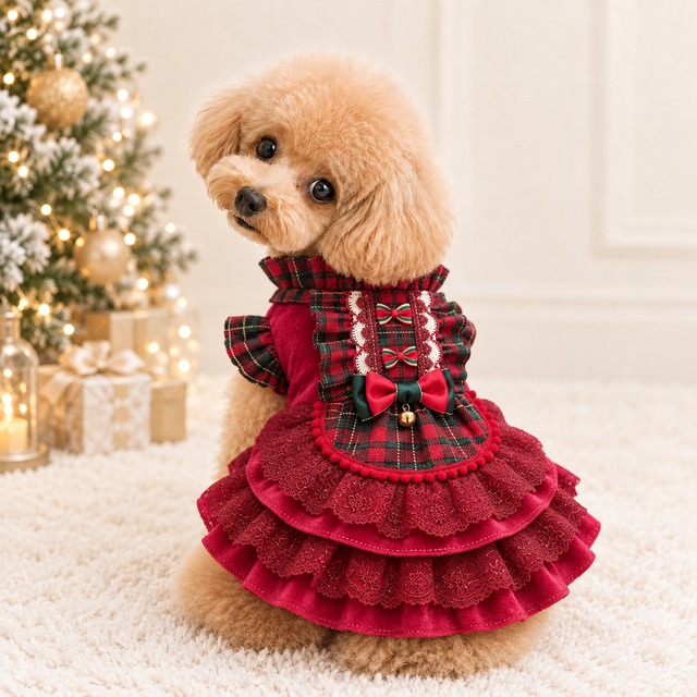 【海外ハンドメイド】タータンチェックレッドドレス　犬服　01340