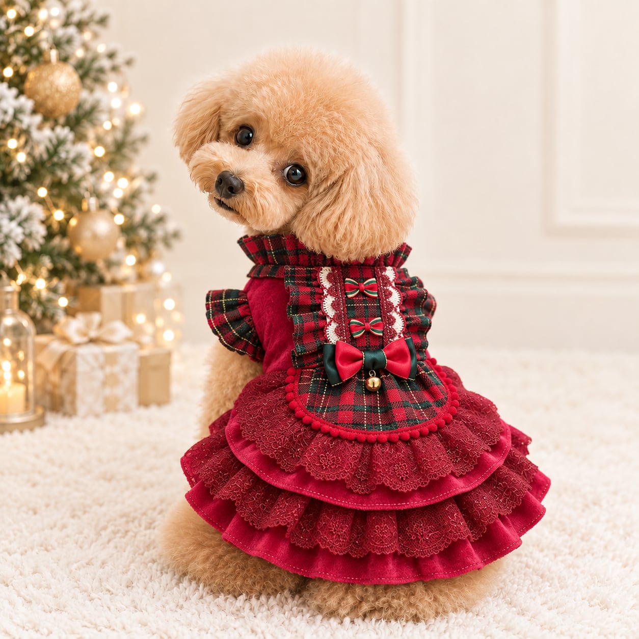 【海外ハンドメイド】タータンチェックレッドドレス 犬服 01340
