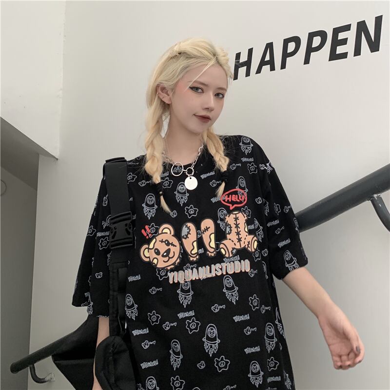 ダークサマーカジュアルTシャツ プリント柄レディーススタイルトップス ストリート 夏物 ケッペル85322328646