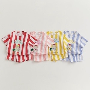 【BABY&KID】夏新作　全4色爽やかボーダー柄クマロゴセットアップ