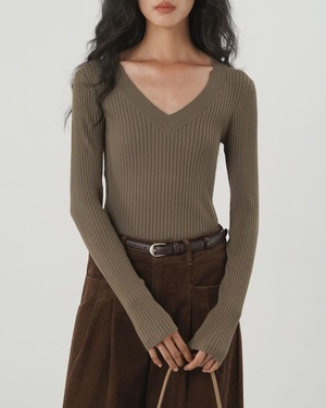 V-neck long sleeve ribbed knit ◇2color　TH3646