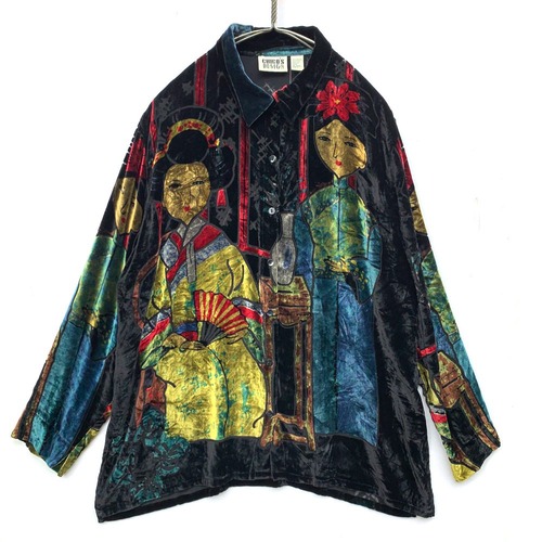Vintage Rayon Silk Velvet Shirts [1990s] Vintage Art Pattern Velvet Shirts