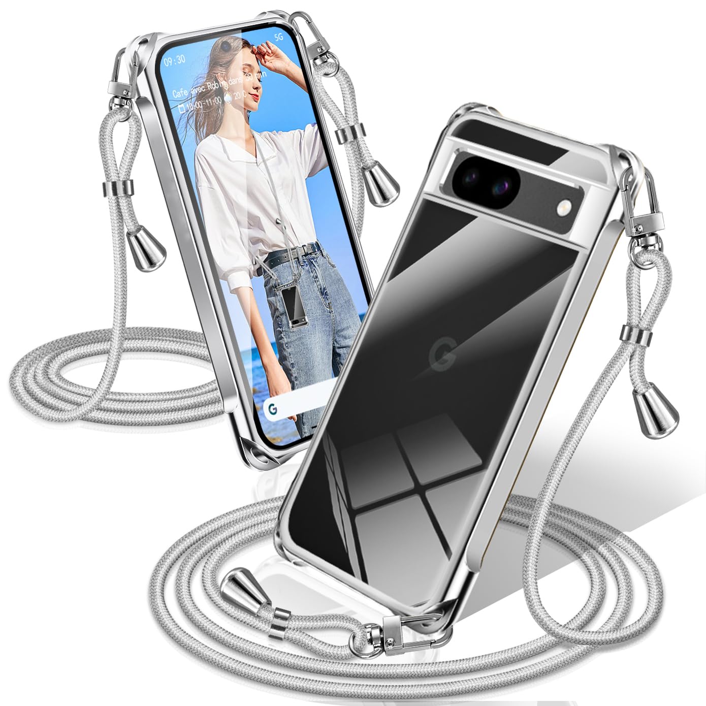 Google Pixel 8a ケース クリア ショルダー 耐衝撃 (シルバー)