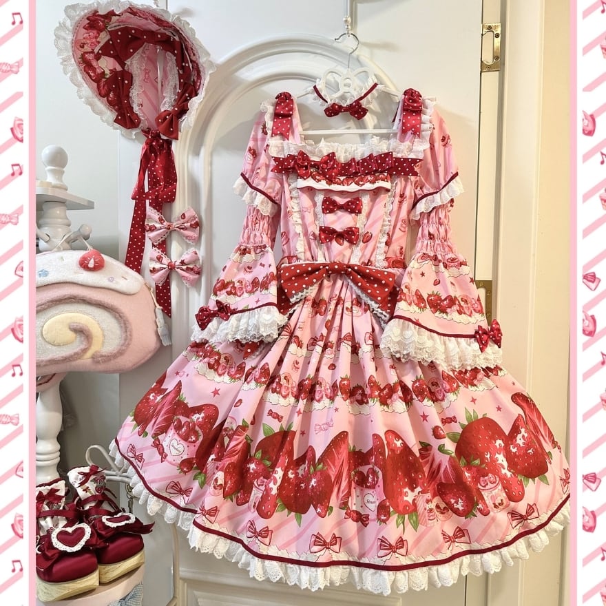 ロリータファッション 甘ロリ 夢かわいいいちご柄姫袖ワンピース