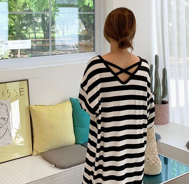 ※【国内配送】Open back striped t-shirt dress　M　10-A088