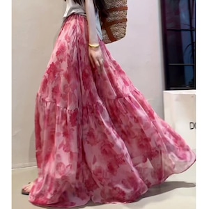 pink watercolor floral flared maxi skirt<sk3192>