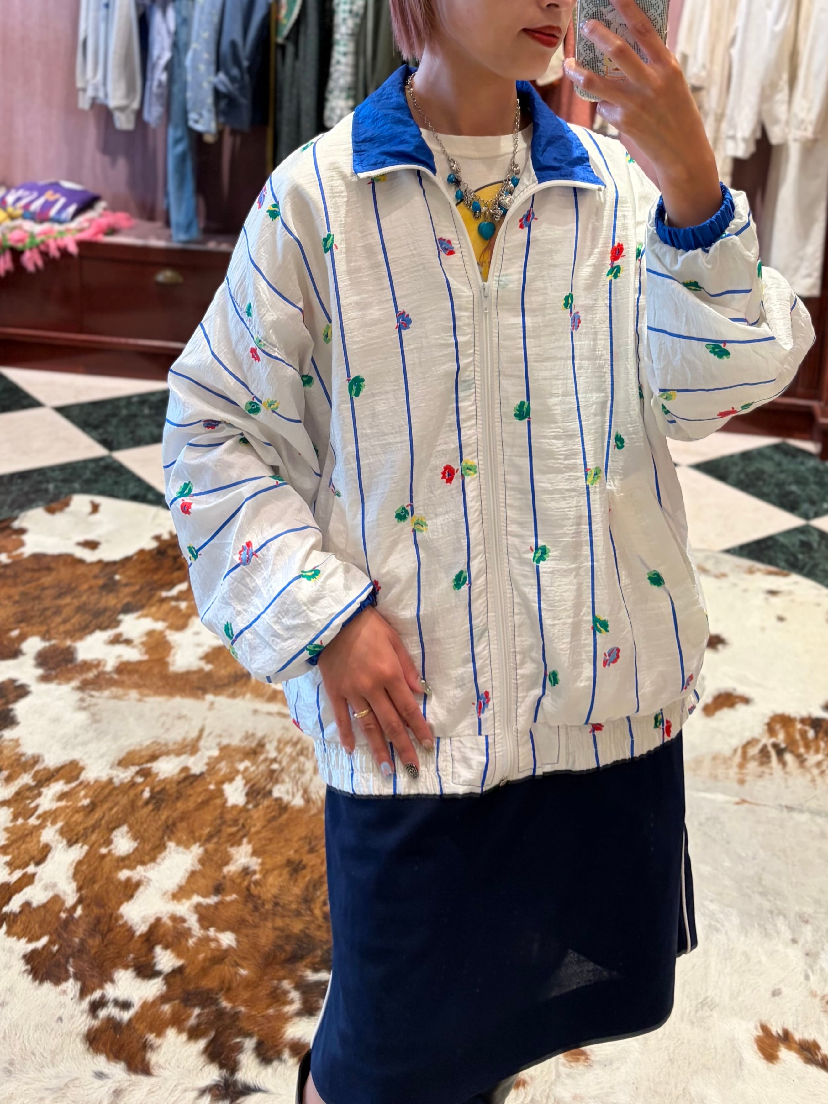 Vintage " Floral Printed Stripe Nylon Jacket "