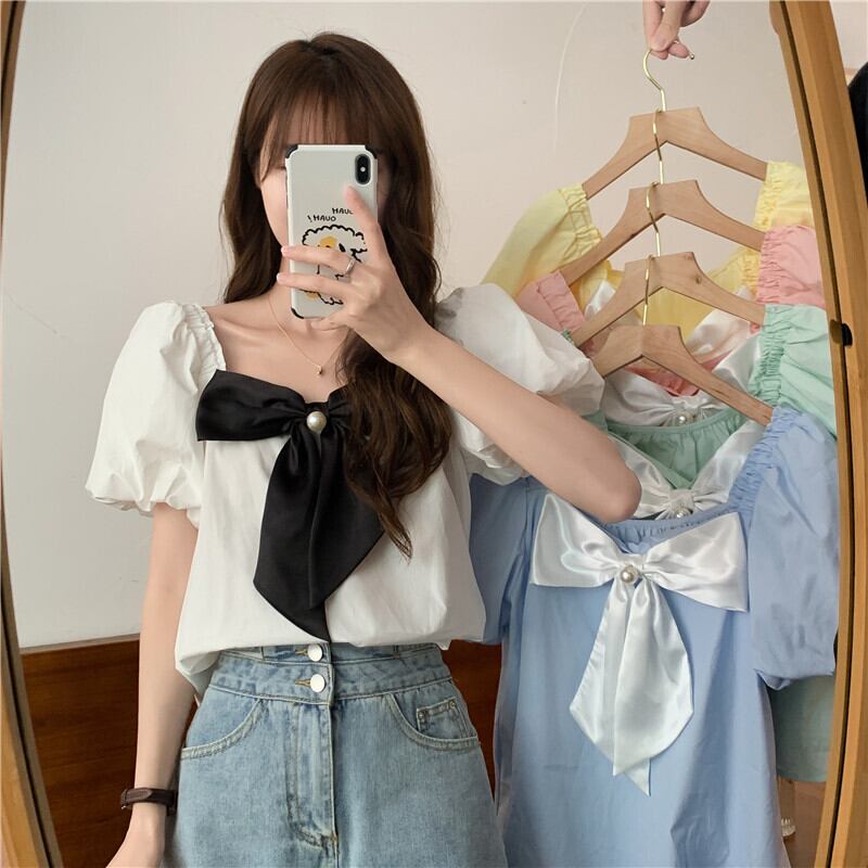 スタイルシャツ サマーリボンルーズトップス 大人ガーリー スウィート キュート カジュアル 夏物 YY-ファッション76240356596