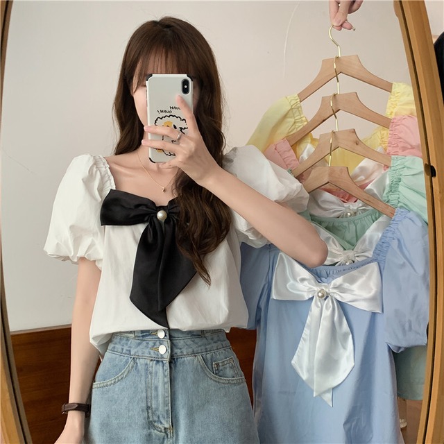 スタイルシャツ サマーリボンルーズトップス 大人ガーリー スウィート キュート カジュアル 夏物 YY-ファッション76240356596