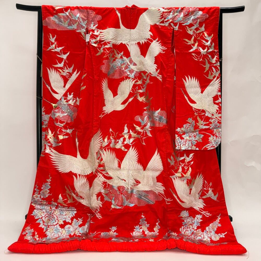 色打掛 正絹 鶴 刺繍 赤 打掛 花嫁衣裳 ポリエステル リサイクル 中古 ブライダル ウエディング 着物 6626