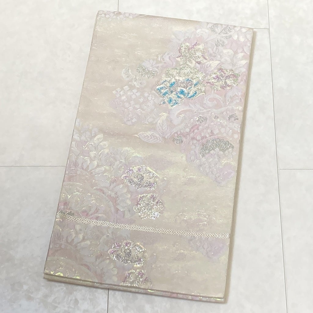 サイズ唐織り éclat ceinture 袋帯 正絹 銀糸 白 紫 ピンク 573