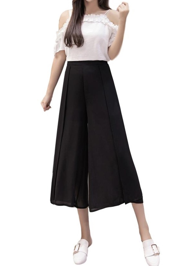 レディース スカーチョ ガウチョ 薄手 ワイドパンツ （ブラック）